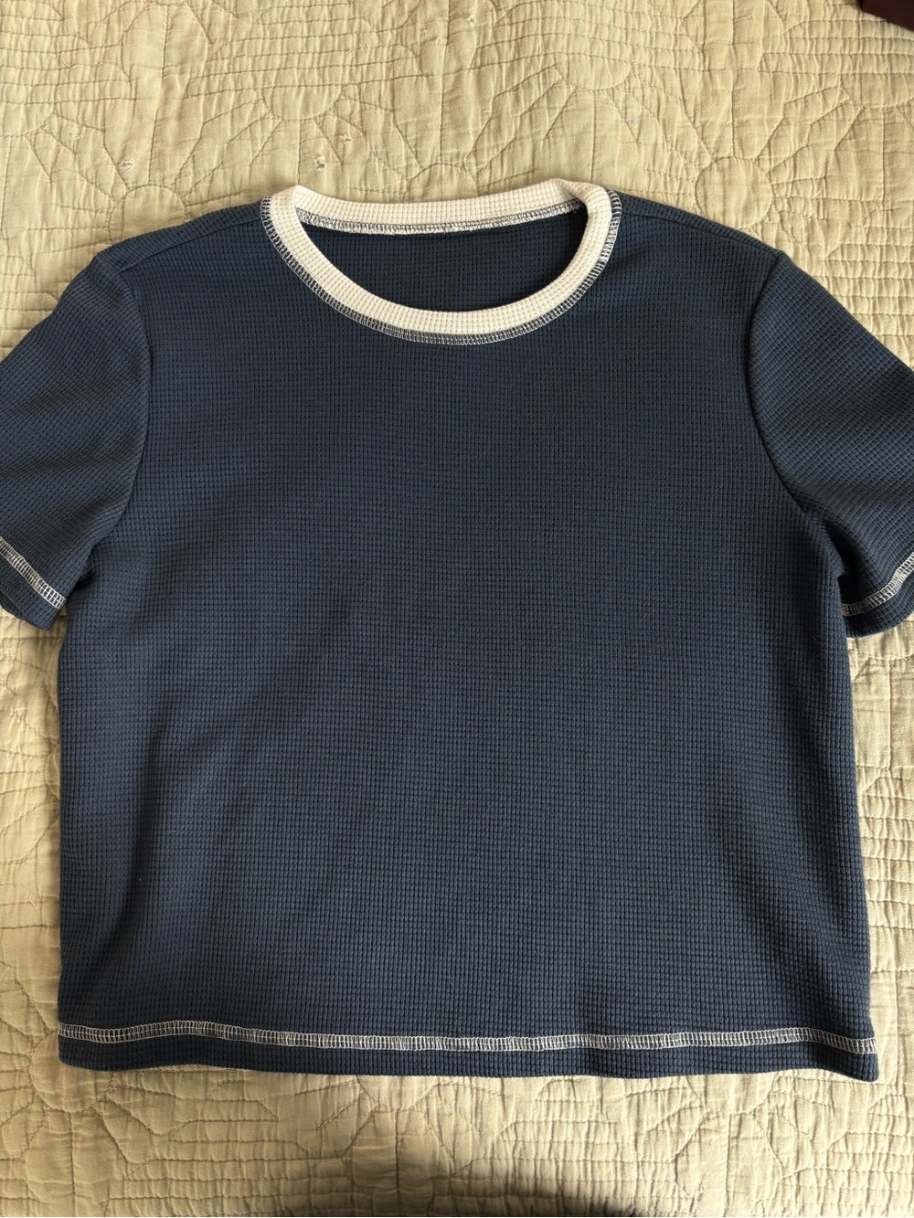 Blue Short-Sleeve Waffle Knit Top - White Trim